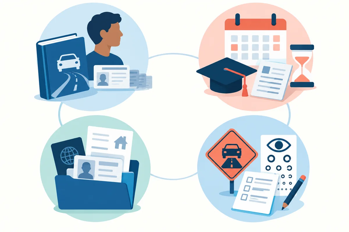 Four adult permit application checkpoints: eligibility, education or waiting period, identity documents, and testing