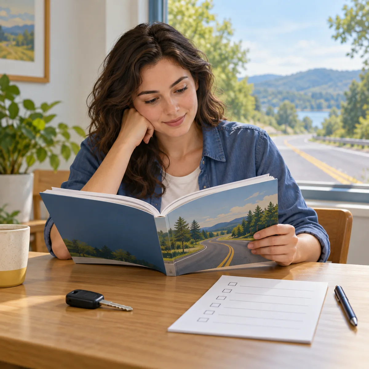 Adult first-time driver reviewing a handbook and application checklist before checking state permit rules