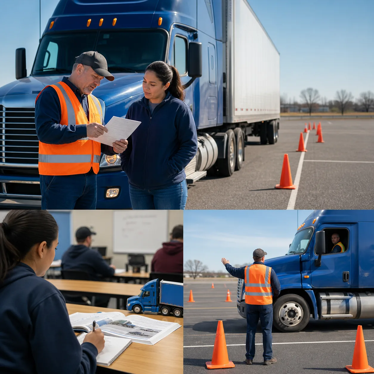 Commercial driving instructor reviewing a permit checklist with a student beside a tractor-trailer