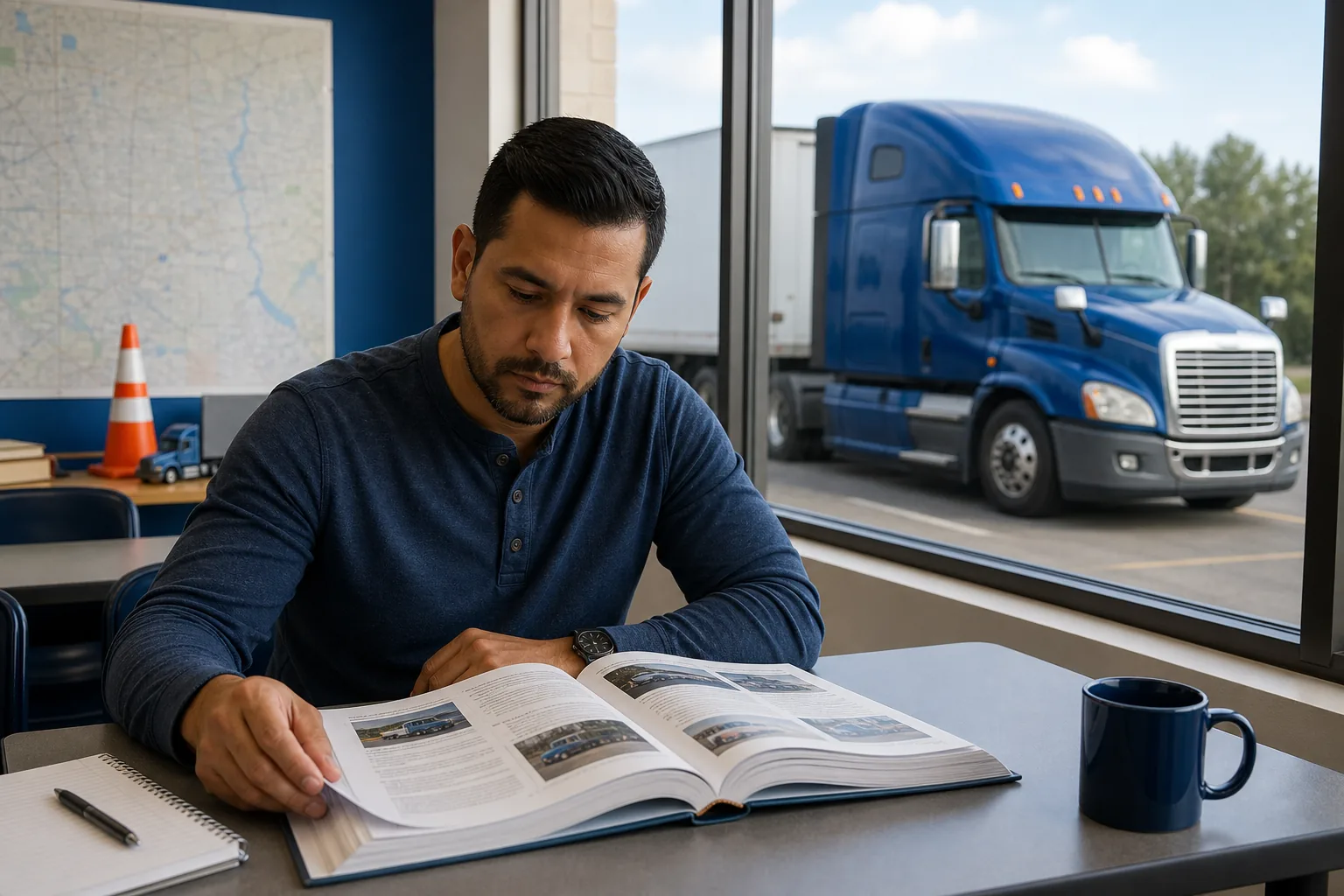 Commercial driver student studying a CDL handbook beside a tractor-trailer