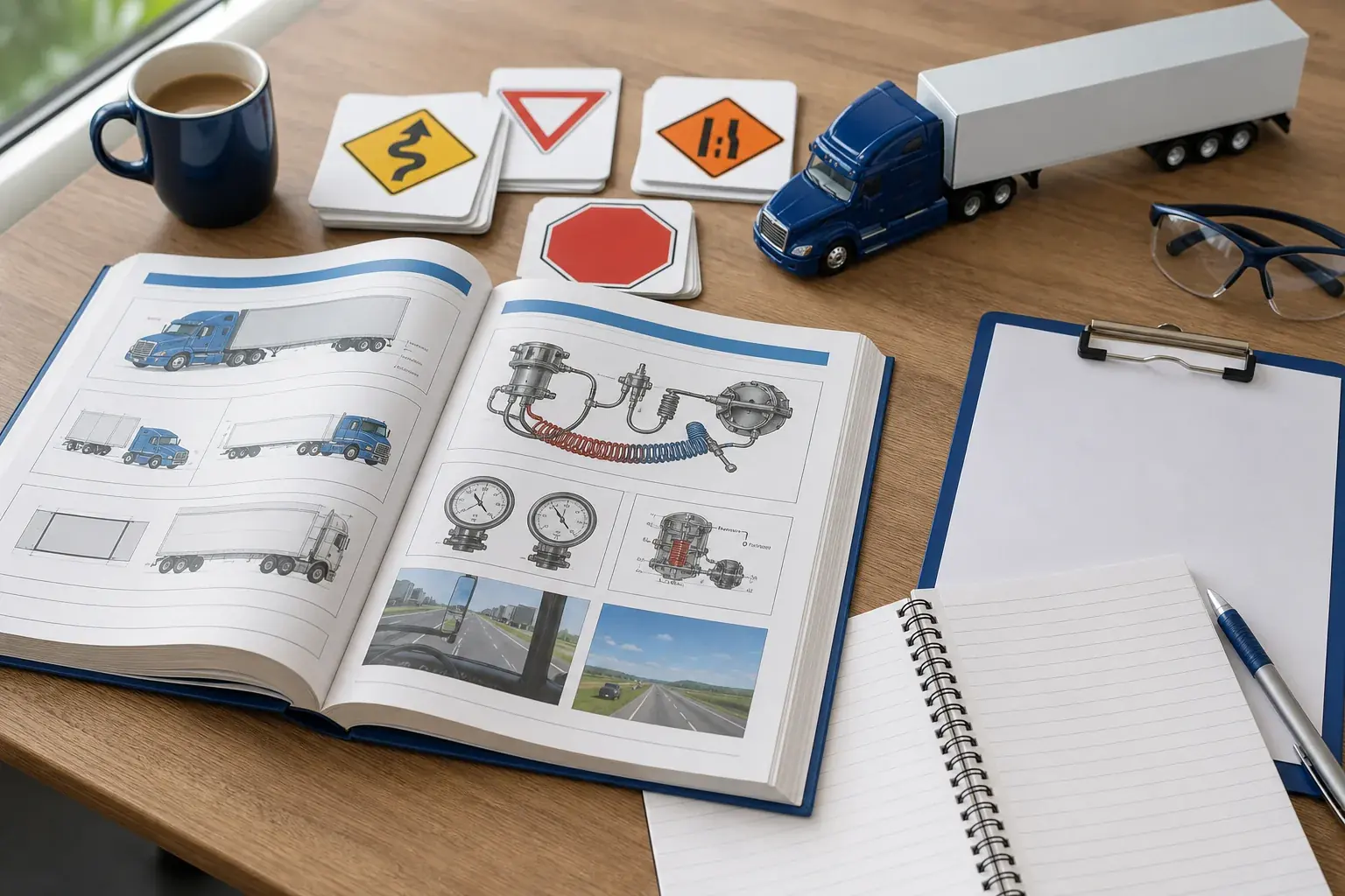 CDL handbook, road sign cards, air-brake diagrams, and tractor-trailer study materials