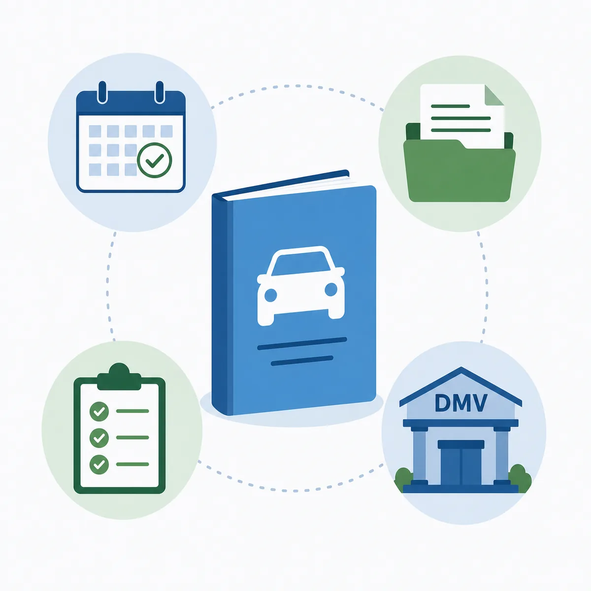DMV permit test appointment planning graphic with calendar, checklist, folder, and DMV building icons
