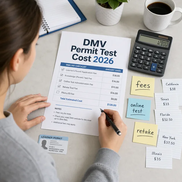 DMV permit test cost guide showing a learner permit fee checklist and calculator