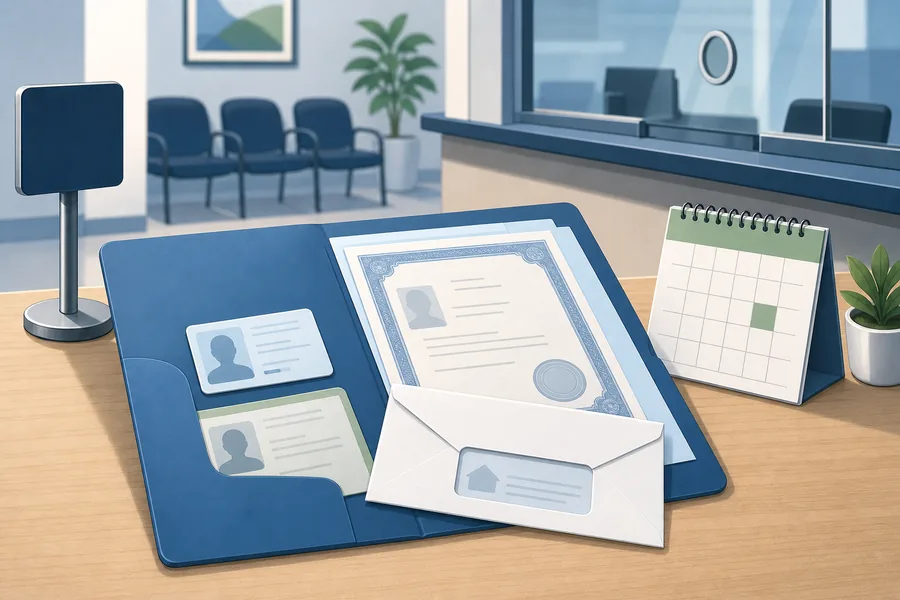 Organized DMV permit test document checklist with identity, residency, payment, and appointment items