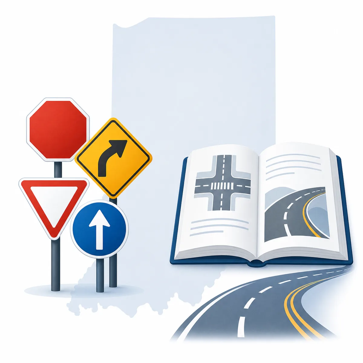 Editorial illustration of Indiana permit test road signs and driver handbook study topics