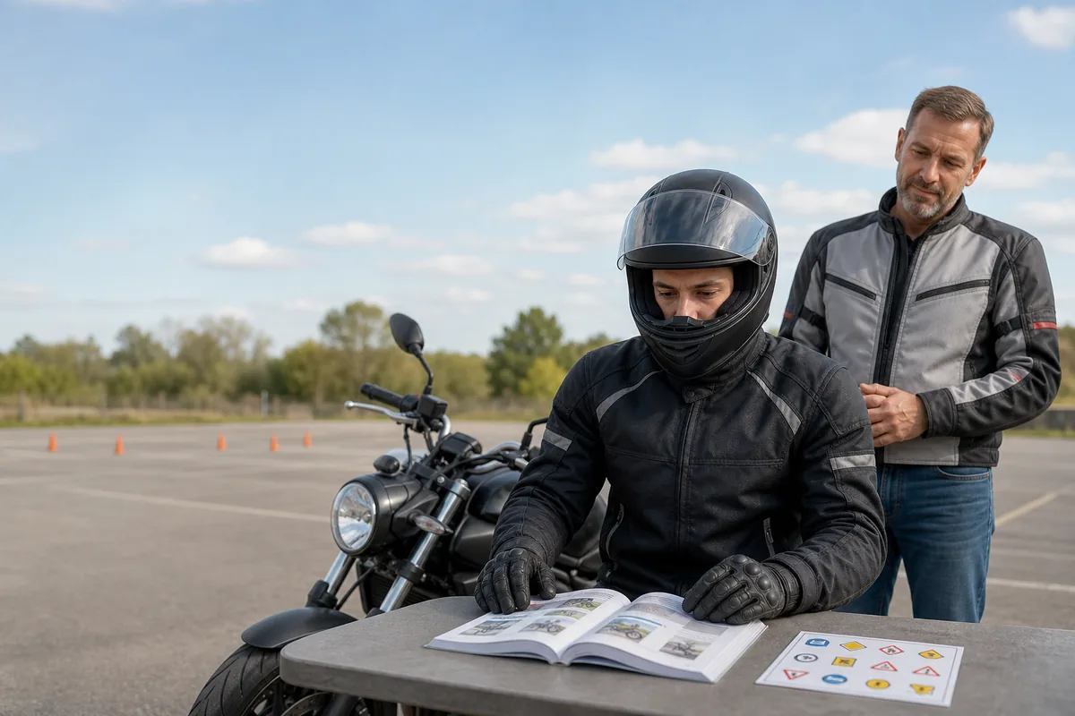 Motorcycle learner studying a handbook beside a motorcycle and riding instructor