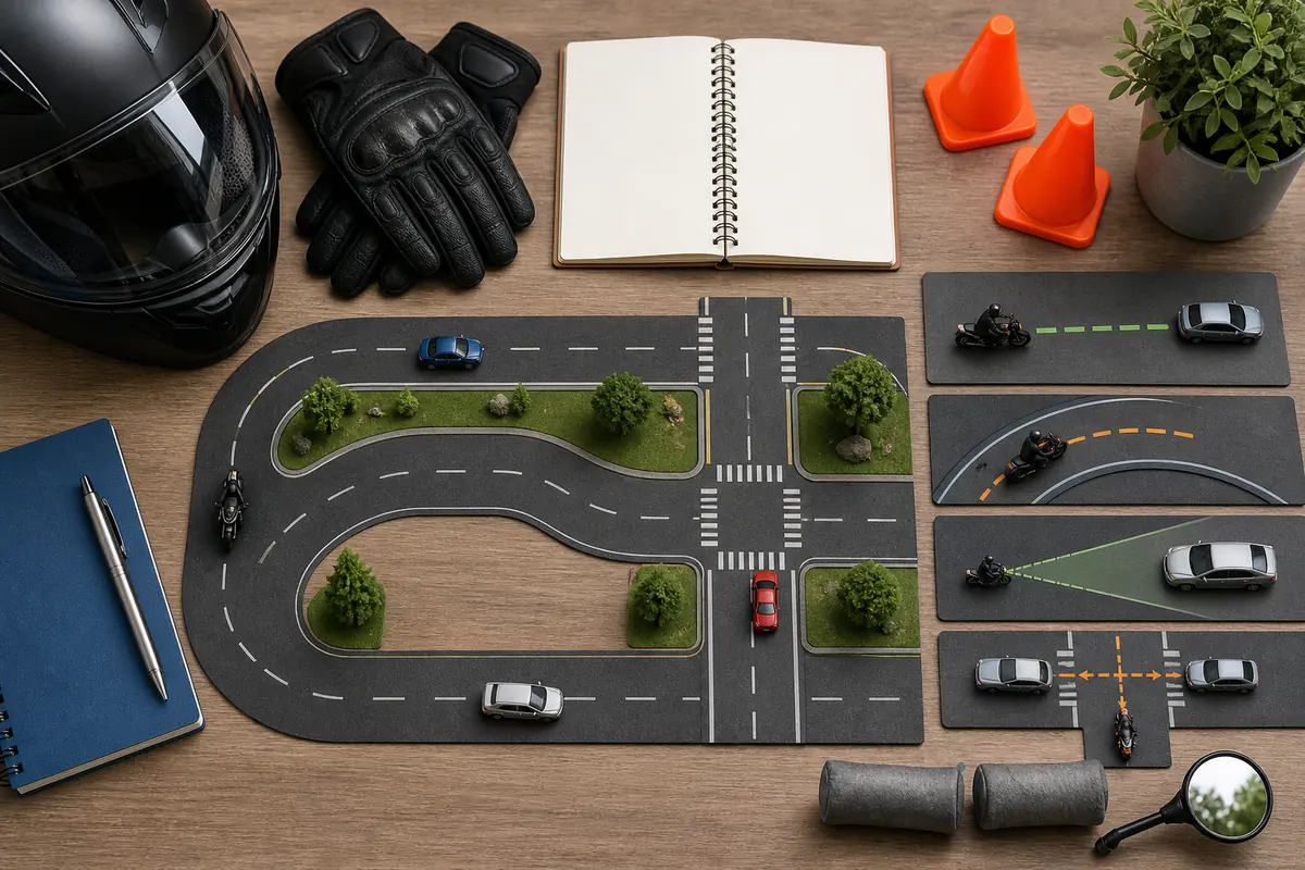 Illustrative motorcycle permit study table with helmet, gloves, road layout, curves, braking, visibility, and intersection models