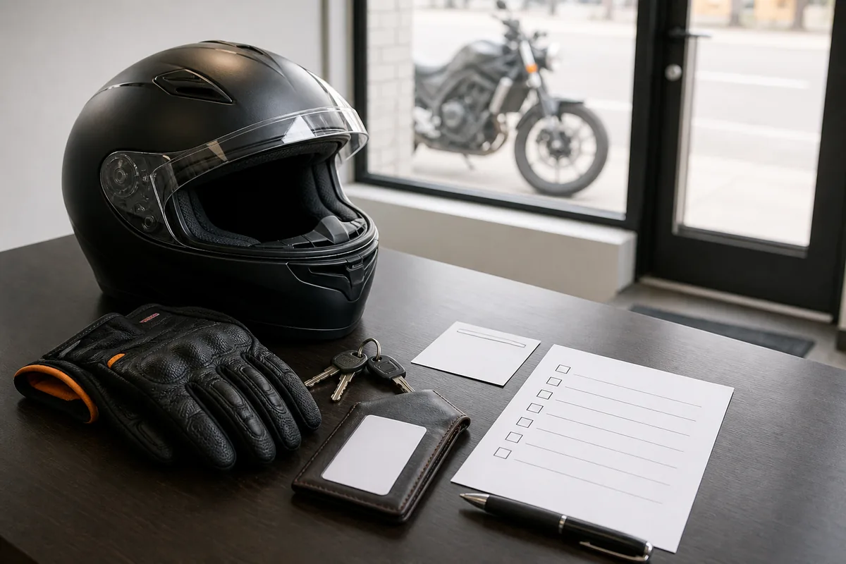 Illustrative motorcycle permit test day checklist with helmet, gloves, keys, wallet, blank appointment card, and motorcycle outside