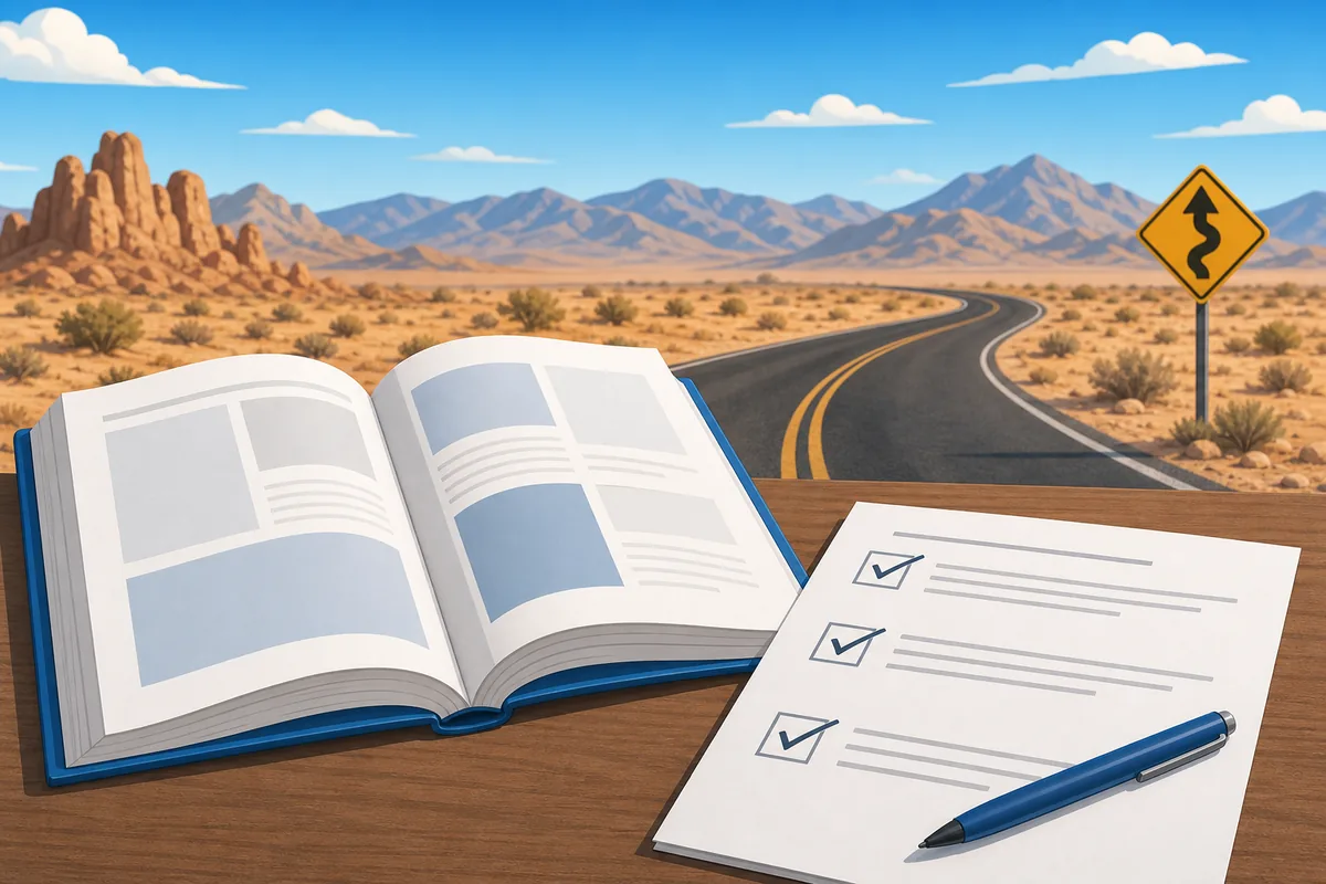 Illustrative Nevada permit test study scene with a handbook, quiz checklist, and desert road