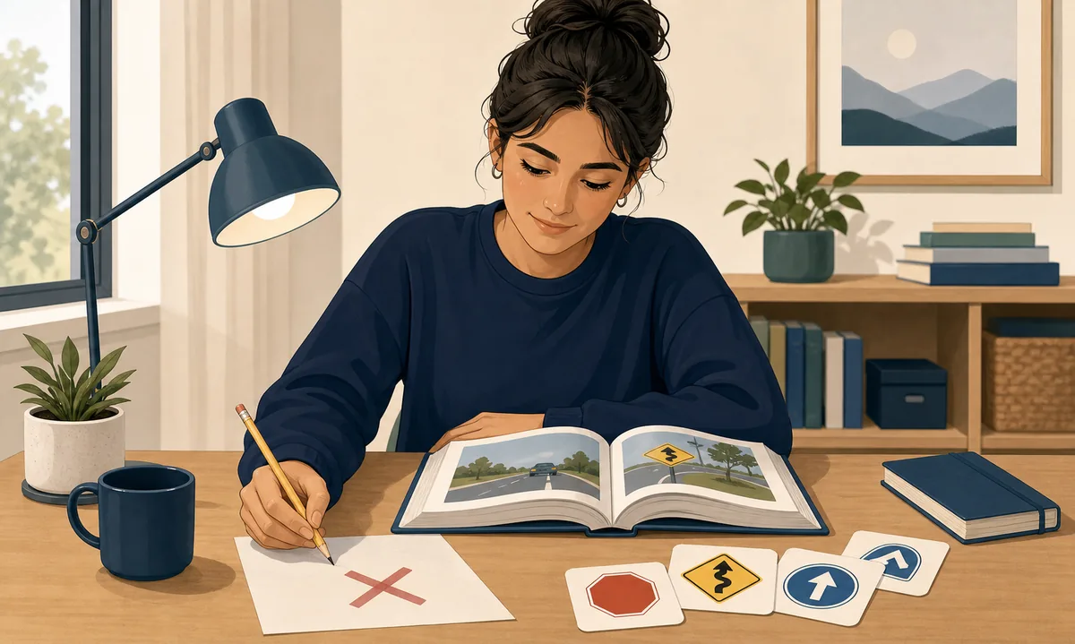 Learner calmly reviewing a driver handbook after failing a permit test