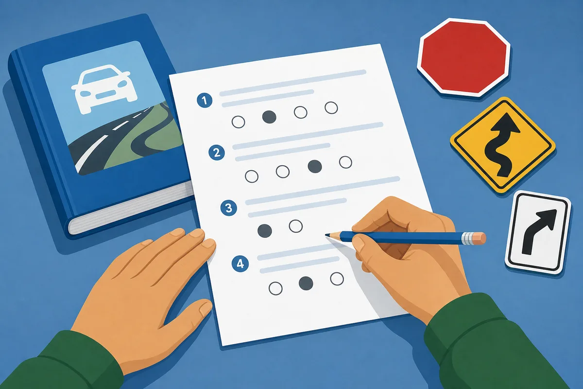 Learner permit multiple-choice test sheet with road sign study symbols
