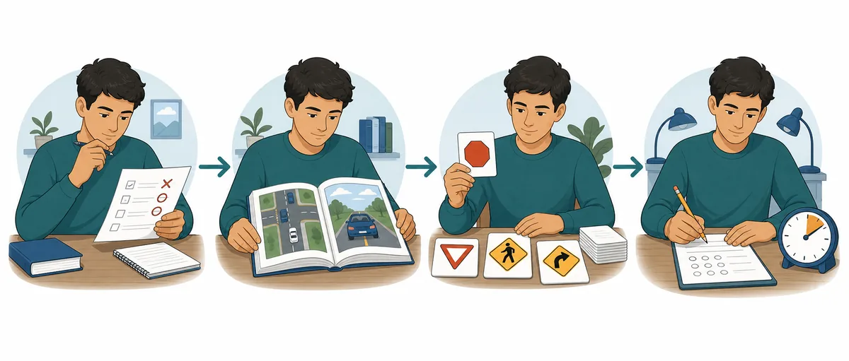 Four-step permit test retake study plan with review, handbook, road signs, and timed practice