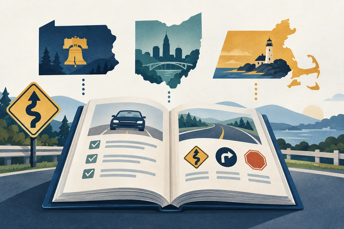 Editorial illustration comparing Pennsylvania Ohio and Massachusetts permit test preparation