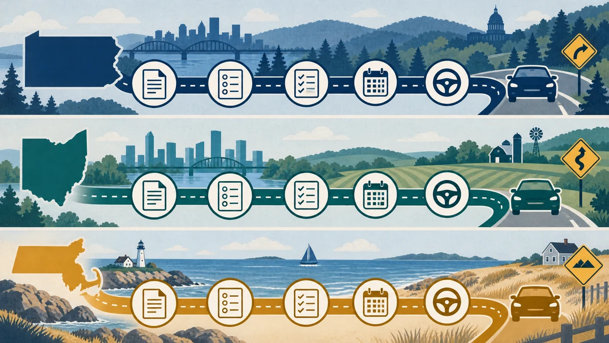 Three state permit study paths showing documents, questions, review, appointment and driving preparation